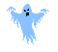 Animated graphic of a ghost in the form of floating, pale blue rags.