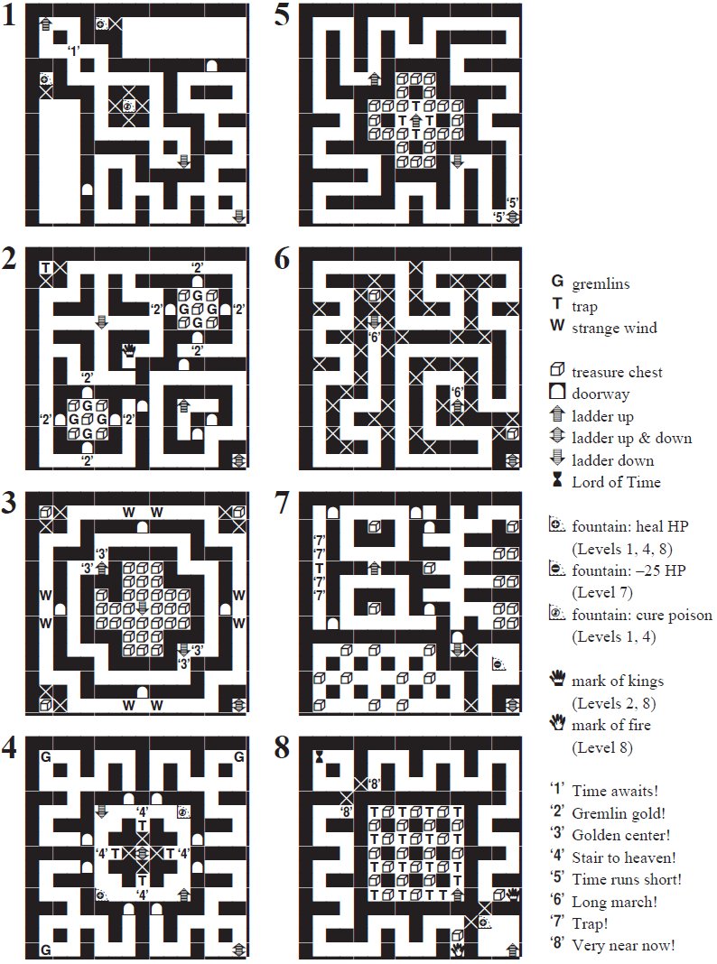 Monochrome map of several dungeon levels, which includes a legend depicting treasure chests, traps, enemies, ladders, etc.