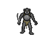 Ultima Underworld animation of a gray goblin holding a sword, scratching its head and rotating.