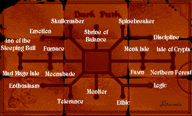 Map of the Dark Path labeling the destinations of the serpent gates.