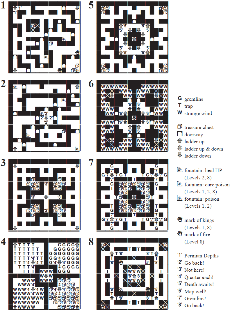 Map of dungeon floors locating perils and boons.