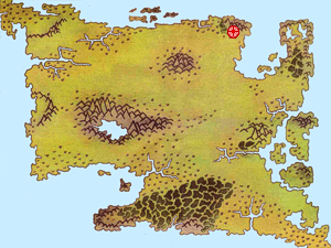 Drawing of a colored map featuring a continent, several water bodies, plains, islands and mountain ranges with a target on the north east of the mainland.