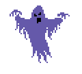 Animated graphic of a ghost in the form of floating, blue rags.