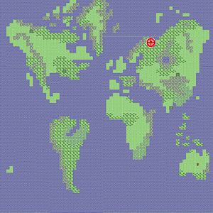 Tile graphic of the Ultima II map of Earth with a marker dropped on the northern coast of Russia.