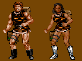 Paper dolls of a male and female character clad in brown armour.