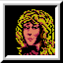 Graphic of a portrait of a face of a woman with curly, blond hair.
