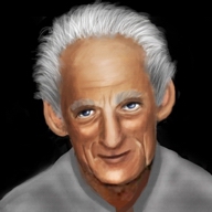 A detailed portrait of Rob from Lazarus: a grey-haired middle-aged man with a friendly expression.
