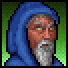 Screenshot of a portrait of a white-haired man with a beard in a blue robe and white eyes