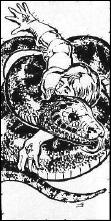Monochrome drawing of a man trapped in the coils of a snake.