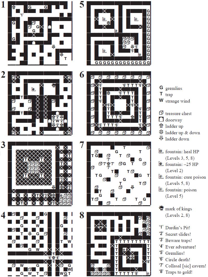 Map of dungeon floors locating perils and boons.
