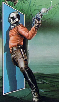 Colored drawing of a man wearing a helmet discharging an energy weapon while stepping through a time door.