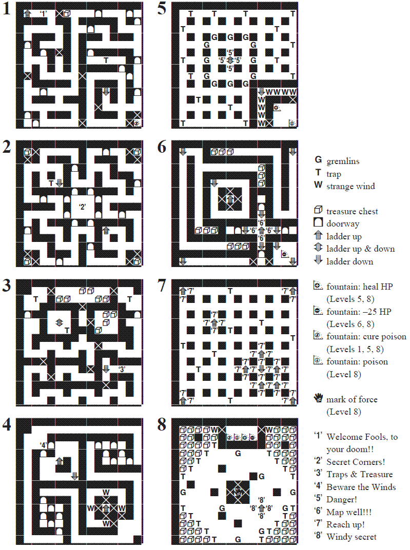 Map of dungeon floors locating perils and boons.