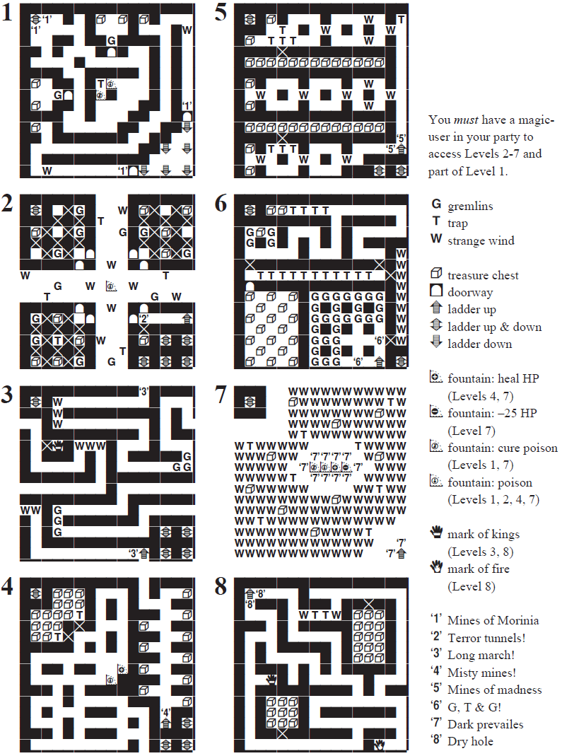Monochrome map of several dungeon levels, which includes a legend depicting treasure chests, traps, enemies, ladders, etc.