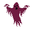 Animated graphic of a ghost in the form of floating, dark red rags.