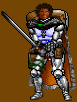 Ultima VII paper doll of a black, armoured woman holding a two-handed sword.