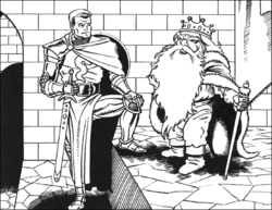 Black and white drawing of a royal-clad dwarf with a very thick beard conversing with an armed human.