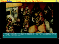 Impressionistic screenshot from the FM Towns version of Ultima I depicting a gathering of humans and humanoids. Japanese text can be seen at the bottom.