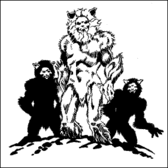 Black and white drawing of a large, furry white creature and two small, furry black creatures.