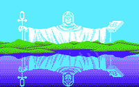 A screenshot from the C64 version of Ultima VI, of a large, ghostly figure rising from the horizon holding an ankh and a book.