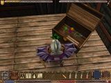 Screenshot from Ultima IX of a character standing in front of an open chest, in a building made of wood. The chest has some baubles and a scroll within.