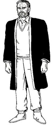 Black and white full-figured drawing of a man with a beard