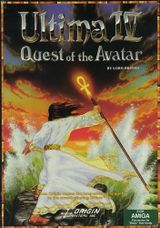 The cover of a game box titled "Ultima IV Quest of the Avatar" featuring a mage carrying a staff with an ankh filial, confronting crashing waves along a shore.
