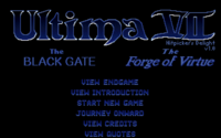 Screenshot of the title screen of Ultima VII including the "Forge of Virtue" add-on and several menu items.