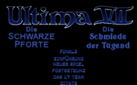Screenshot of the title screen of Ultima VII in German and several menu items.