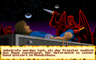 Screenshot from Ultima VI of a Gargoyle, holding a book and raising a dagger towards a human who is tied down to a stone table. A crowd of Gargoyles appear in the background. Text in German on stylized parchment appears at the bottom.