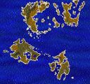 A physical map of fictitious lands including a few continents and several islands.