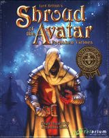 Digital reproduction of the cover of a game box for "Shroud of the Avatar". A medieval figure stands facing forward, his face partially obscured by his cloak. His arms are partially extended with his hands appearing to be prepared for some unknown task.