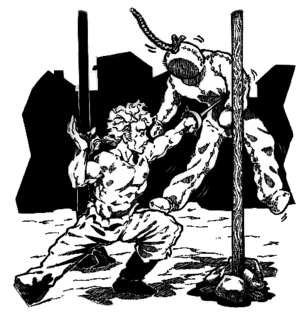 black & white drawing of man running a dummy through