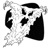 Black and white drawing of a floating ghost that appears as an amorphous tapestry of slime, with claws, eyes and a mouth. The background is white with a simple, black abstract shape.