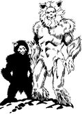 Black and white drawing of a large, furry white creature and a small, furry black creature.