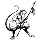 Black and white drawing of a bipedal rat holding a spear-like polearm