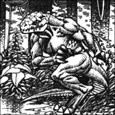 Black and white drawing of a hefty lizard in a forest.