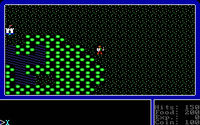 Screenshot of Ultima I, featuring tile graphics of a player venturing in the wilderness. A castle and river can be seen in the distance.
