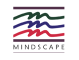 Company logo of "MINDSCAPE", including 5 horizontal lines. The middle 3 are different colors and have squiggle in the center approximating the shape of an "M".