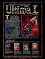 Back of a box offering a summary for "Ultima I", including a screenshot and a drawing. Advertisements for other games by Origin Systems appear at the bottom.