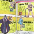 Photograph of the inside of a Japanese publication with cartoon drawings of medieval characters. The English words "PALADIN" and "RANGER" are visible, which include character stats for each.1