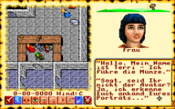 Screenshot from Ultima VI of the party in what appears to be a hall in a castle. The player is in conversation with "Frau". Text is in German.