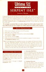 Cover of a booklet titled "Ultima® VII PART TWO SERPENT ISLE™ Install Guide". A quick install guide is inset and the main instructions follow. All text is in red, except some portions of titles, where the background is red and the text white.