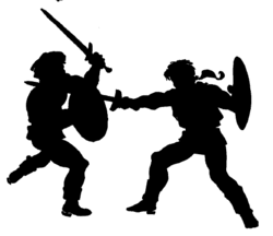 silhouette of two men training w/sword and shield.