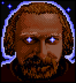 Screenshot of a portrait of a man with a beard, blue aura and glowing blue eyes
