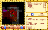 Ultima VI screenshot depicting the party in what appears to be a castle, almost completely enveloped in darkness. A spell is being selected to be cast. All the text is in French.