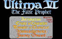 Screenshot of the title screen of "Ultima VI The False Prophet". An option menu appears in the bottom half as well as a note saying "Nitpicker's Delight Patch".