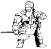 Black and white drawing of a dwarf carrying an axe.