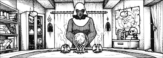 Monochrome drawing of a cloaked woman sitting in front of a crystal ball. Smoke emanates from two figures of dragons flanking the ball. The background shows a variety of magical accoutrements against the walls.