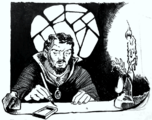 Black and white drawing of a bearded man writing on parchment with a lit candle nearby.
