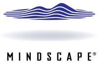 Monochrome company logo of "MINDSCAPE" including a blue mountain range stylized as having a grid pattern. The shadow bellow the mountains implies that it is floating.